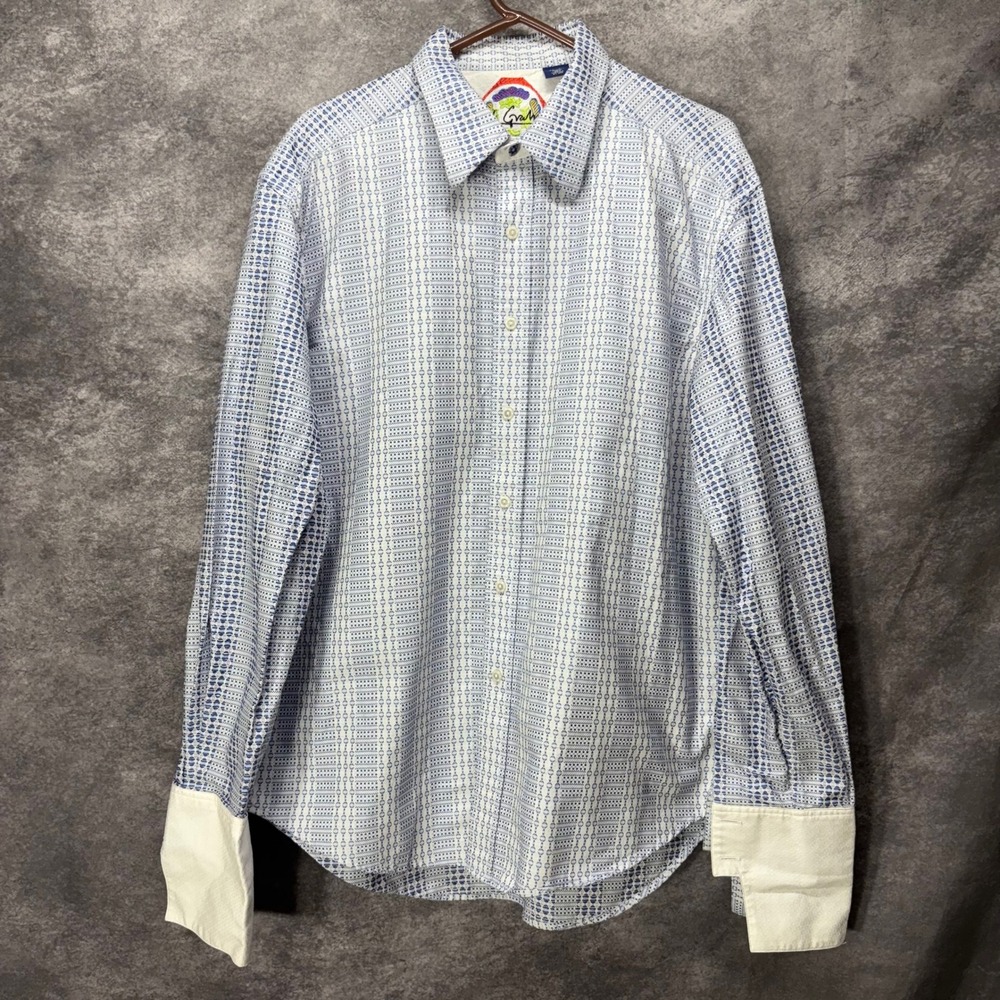 Robert Graham Jacquard Woven Button Up Dress Shirt Mens XL Blue White Aztec